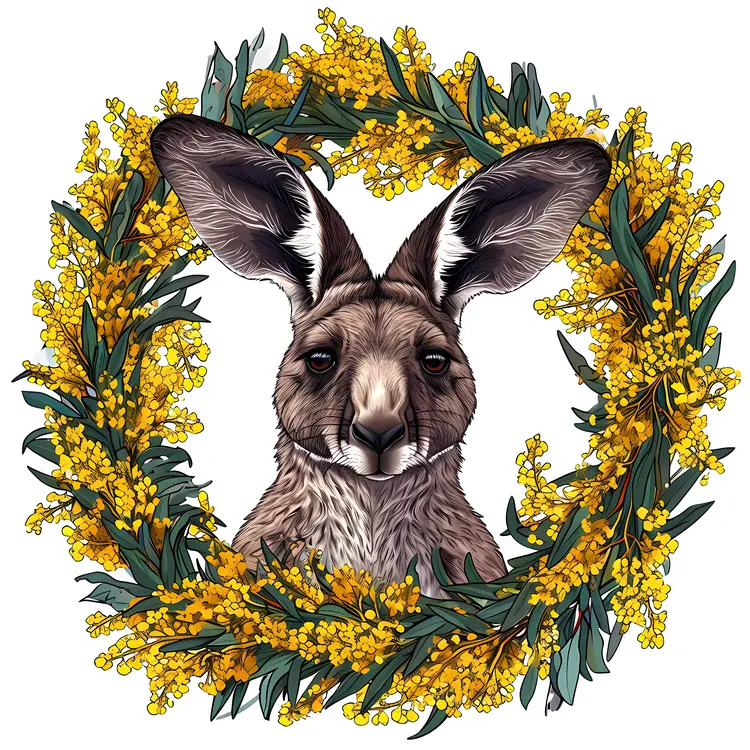 Realistic Kangaroo in Floral Wreath