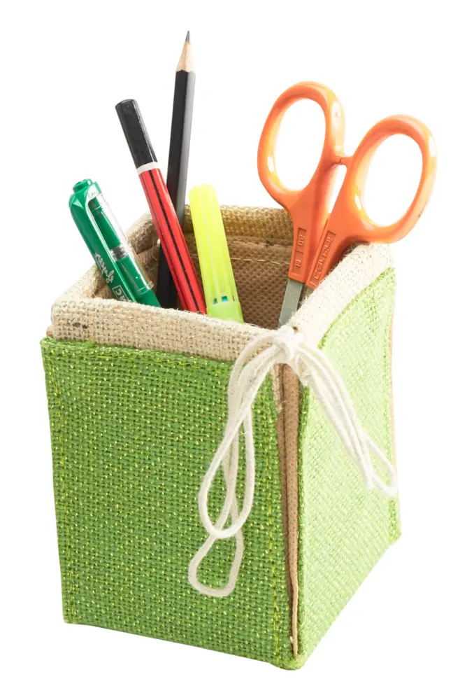 Green Pen Holder with Office Supplies