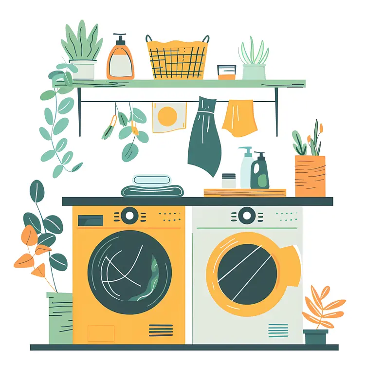 Washing Machines with Plants and Laundry Items