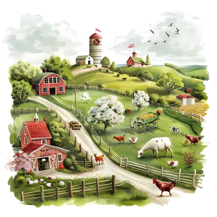 Charming Farm Landscape with Animals and Fields