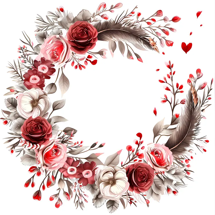 Red and White Floral Wreath with Feathers