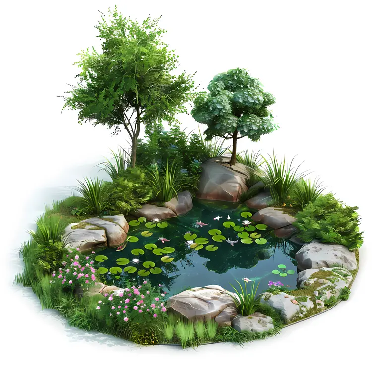 Serene Pond with Lily Pads and Trees
