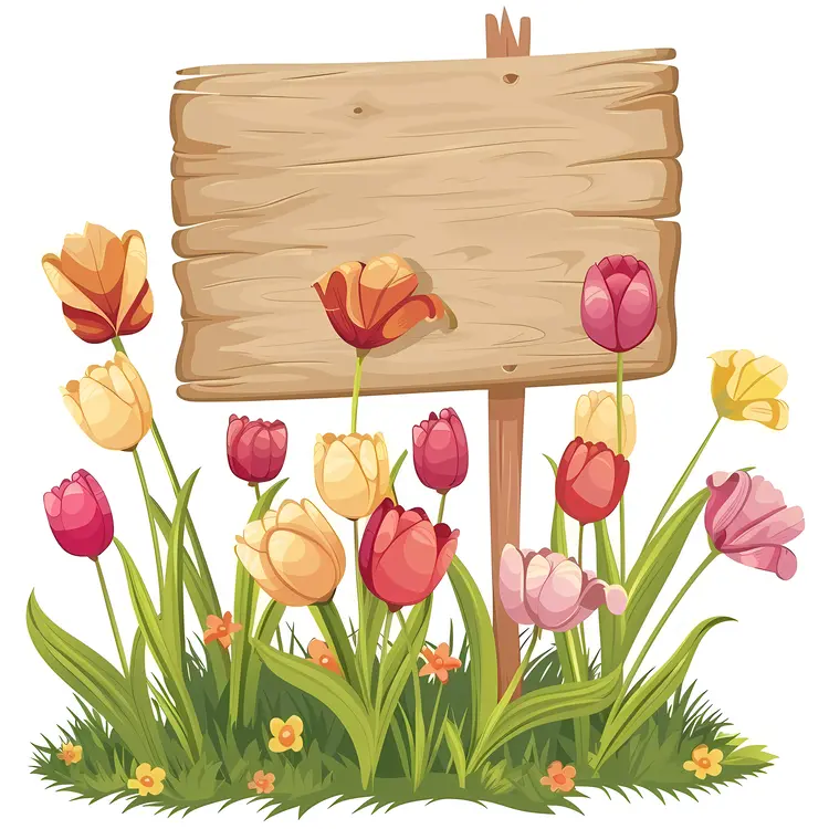 Wooden Sign with Colorful Tulips in a Garden