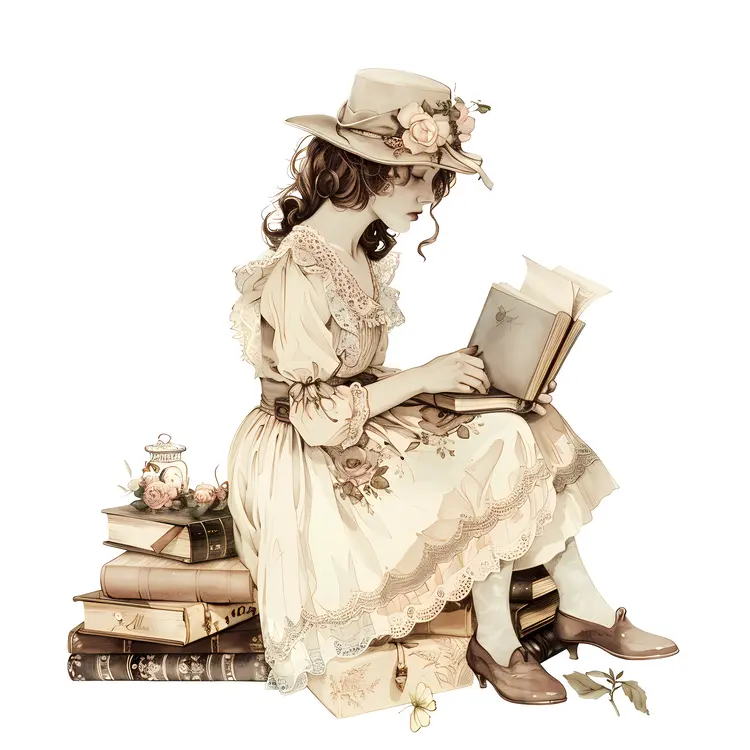 Vintage Girl Reading Books