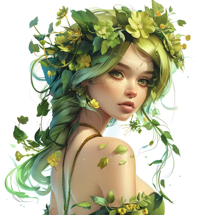 Nature Girl with Green Leaves and Flowers