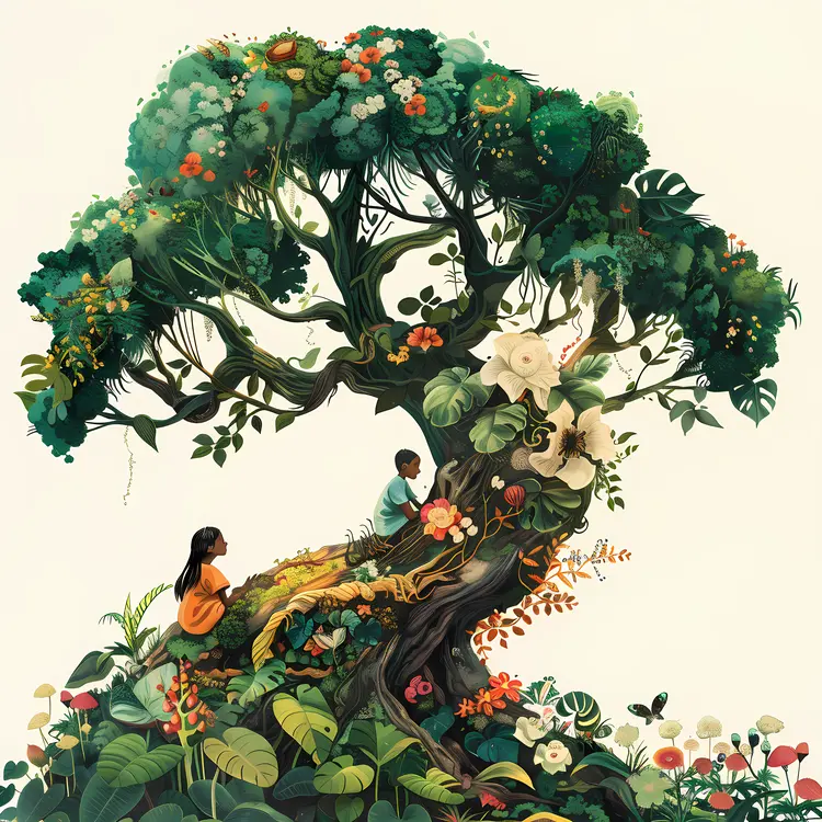 Children Playing by a Flowering Tree