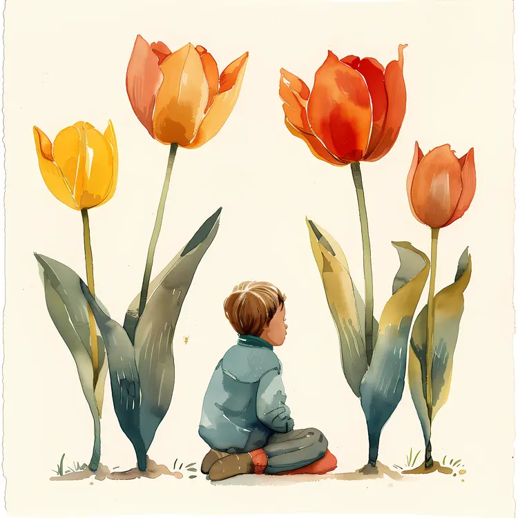 Little Boy with Colorful Tulips