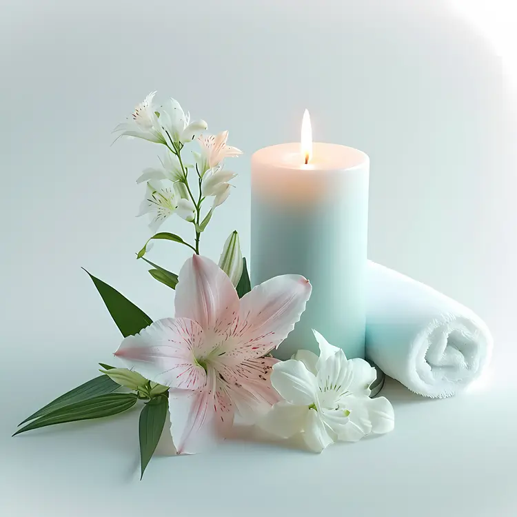 Spa Candle with Lilies and Rolled Towel