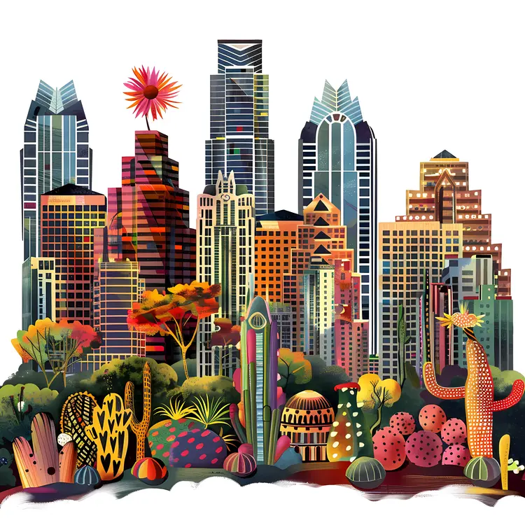 Colorful City Skyline with Cacti
