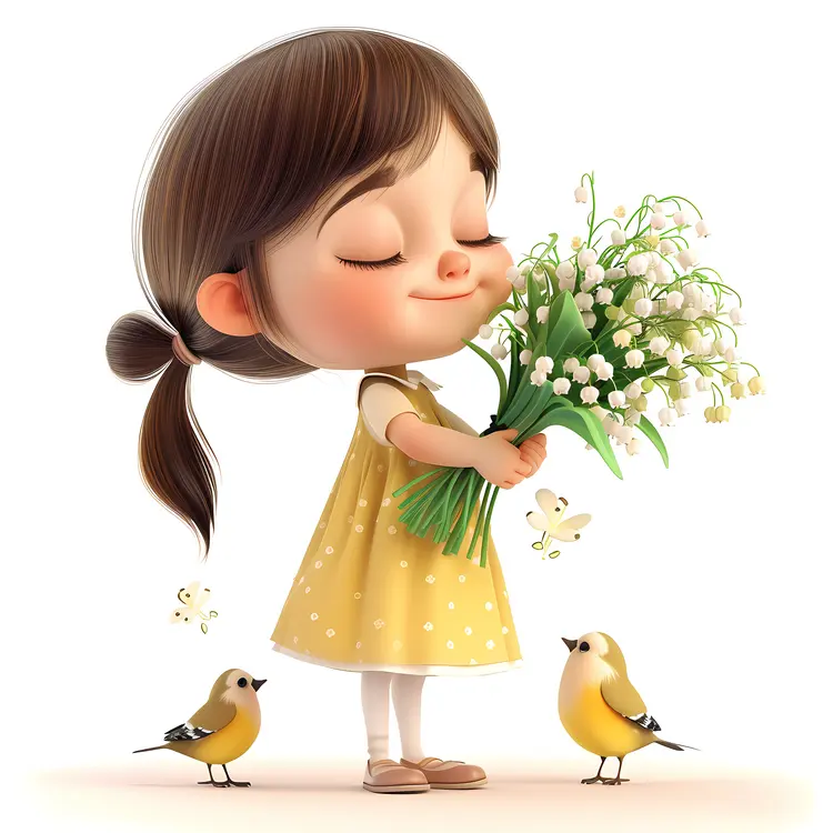 Little Girl Holding Lily of the Valley with Birds
