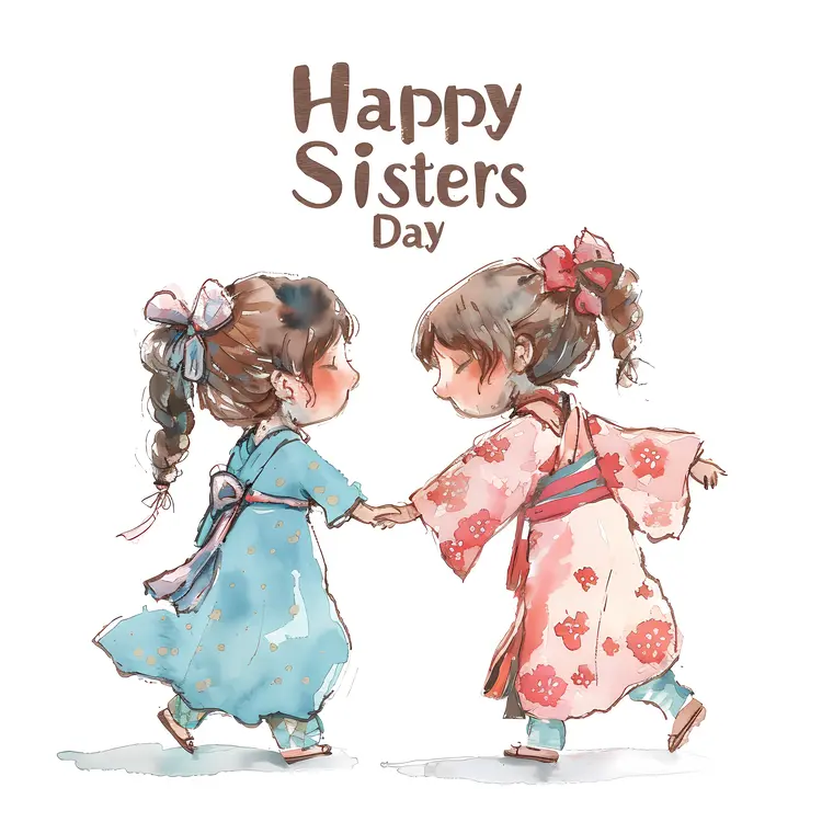 Happy Sisters Day with Two Girls in Traditional Dresses