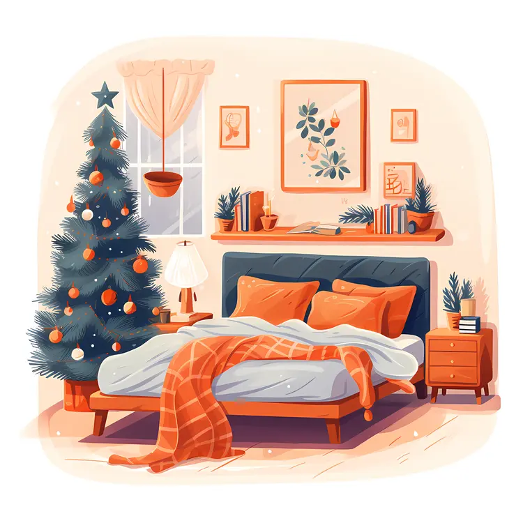 Bedroom with Christmas Tree and Decorations