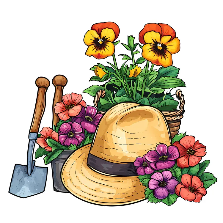 Gardening Tools and Hat with Pansies