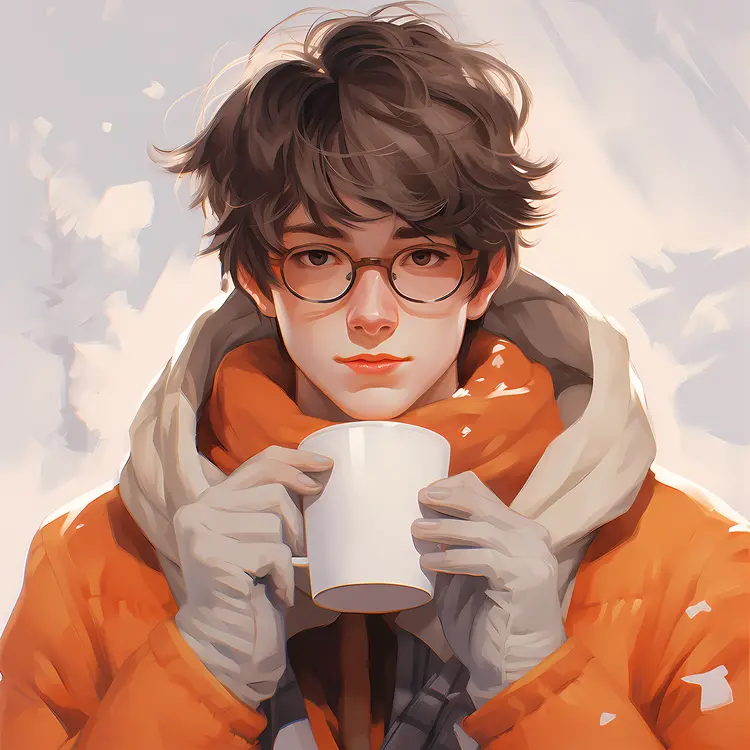 Young Man with Glasses and Orange Jacket Holding a Mug