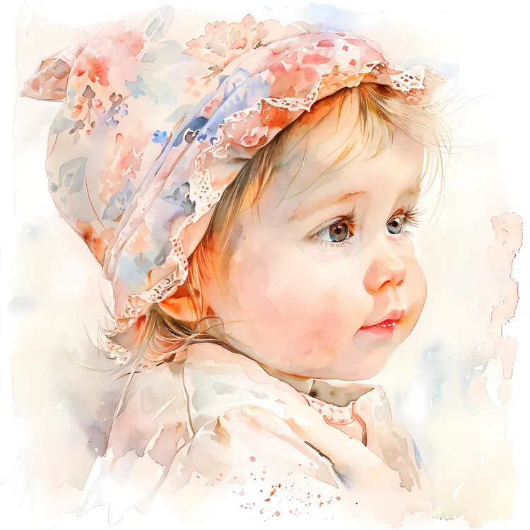 Adorable Baby in Floral Hat Watercolor Portrait