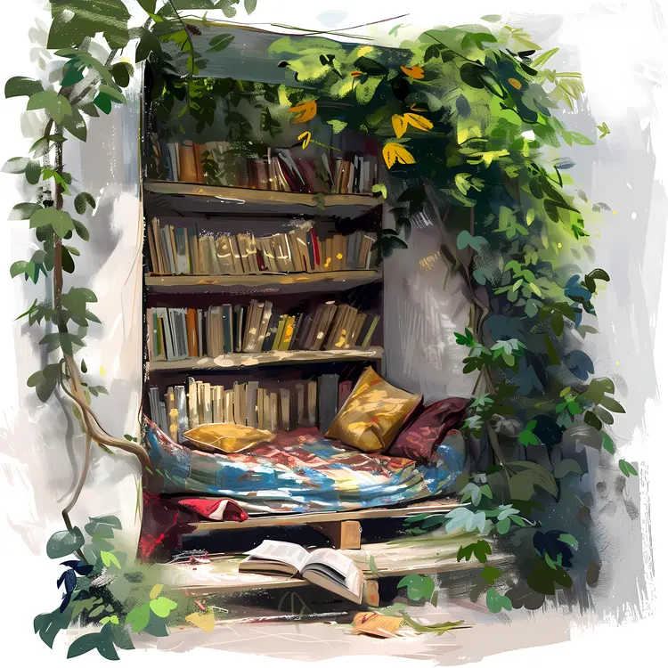 Illustration of a Cozy Reading Nook with Vines