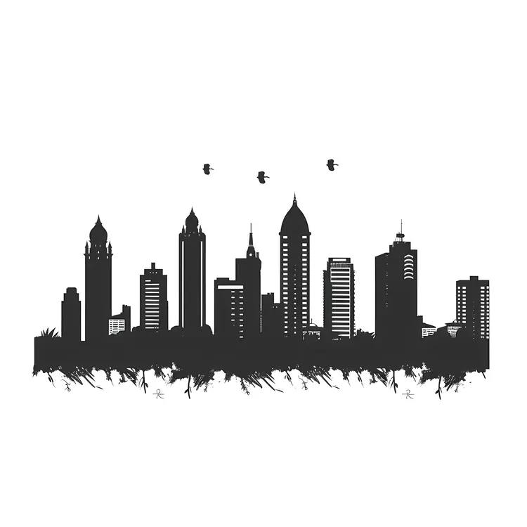 Black and White City Skyline with Birds