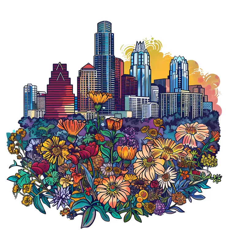 Cityscape with Colorful Flowers