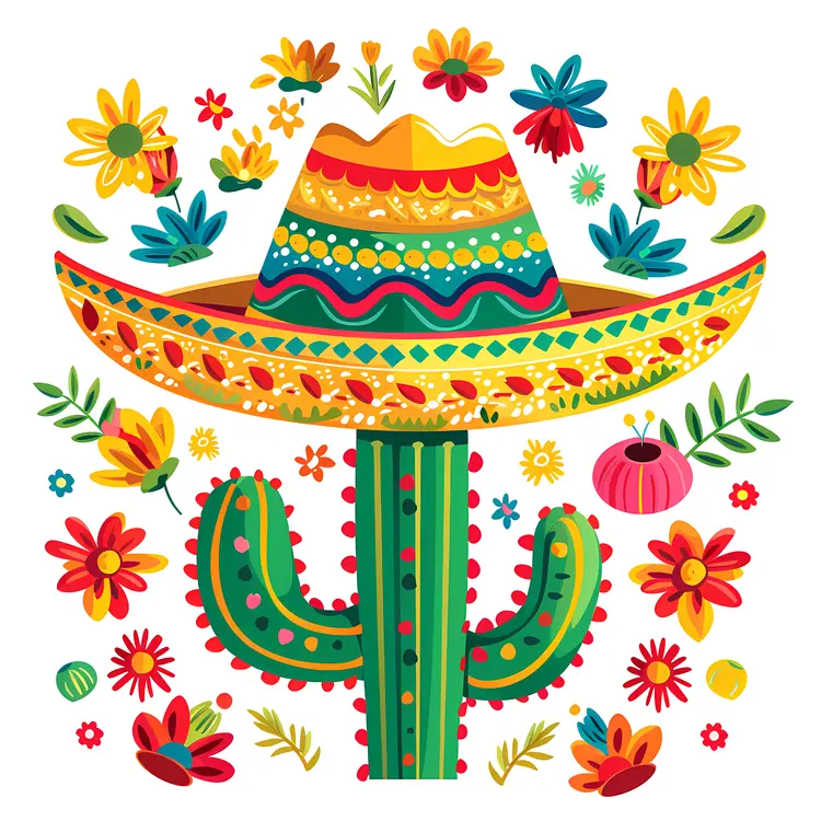 Sombrero and Cactus with Flowers