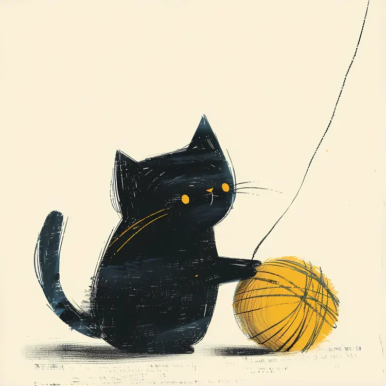 Playful Black Cat with Yellow Yarn