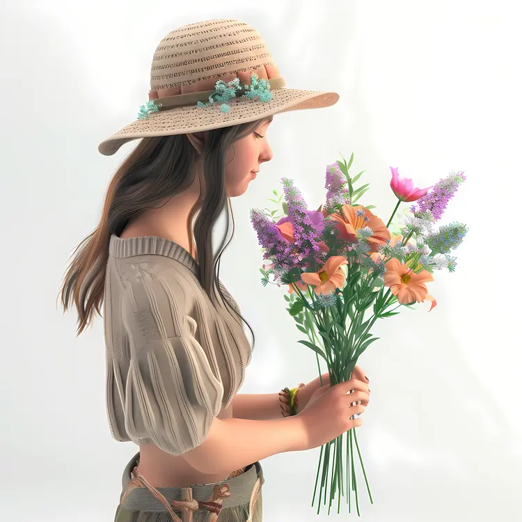 Woman in Hat Holding Flowers