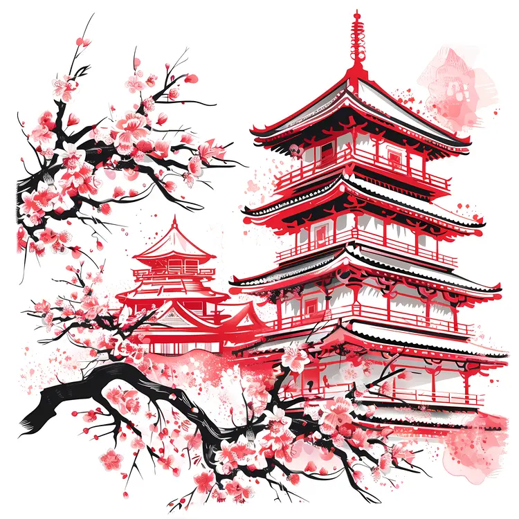 Cherry Blossom Pagoda with Blooming Tree