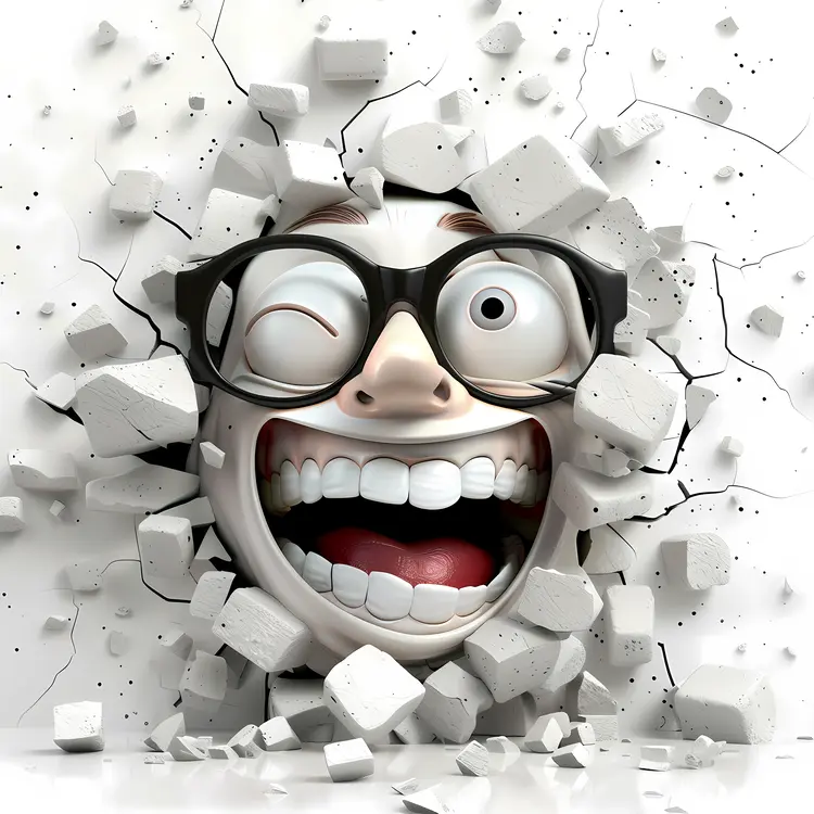 Excited Cartoon Face Breaking Through Wall