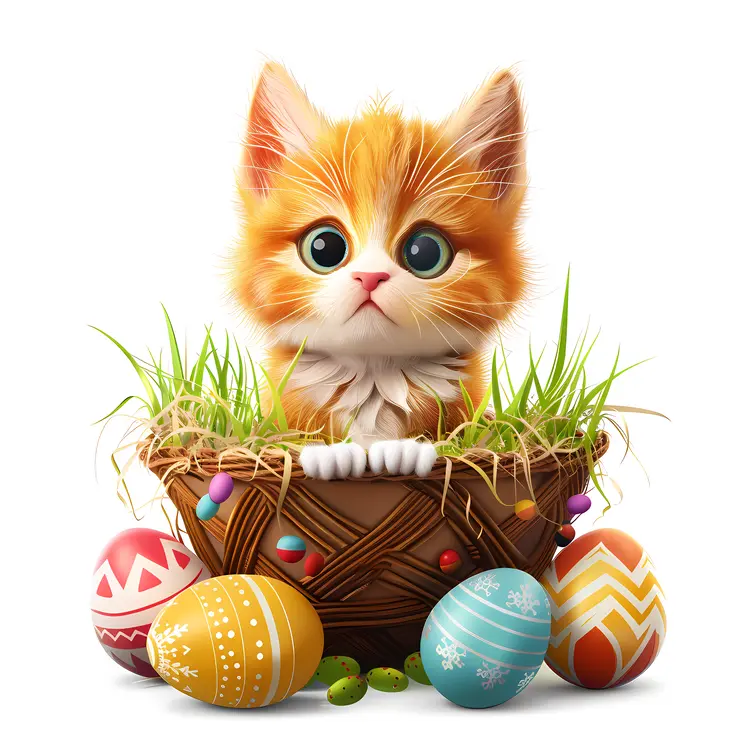 Cute Kitten in Basket with Easter Eggs