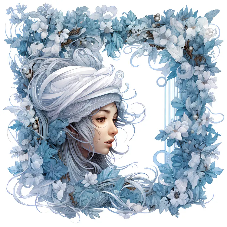 Elegant Girl with Blue Floral Frame