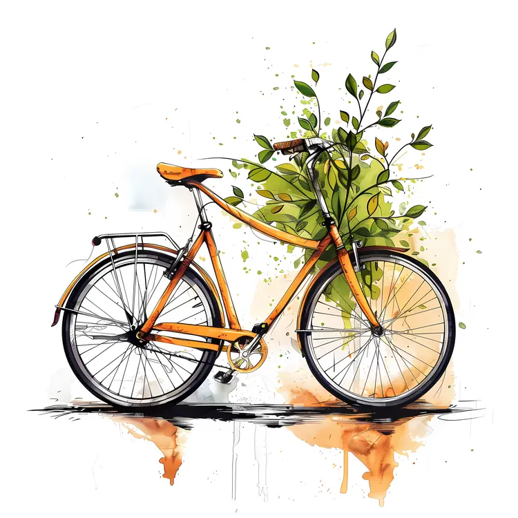 Orange Bicycle with Green Leaves