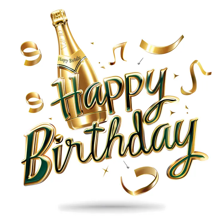 Happy Birthday Text with Champagne Bottle and Ribbons