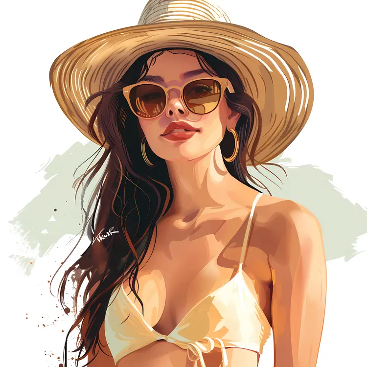 Stylish Woman in Yellow Bikini and Hat