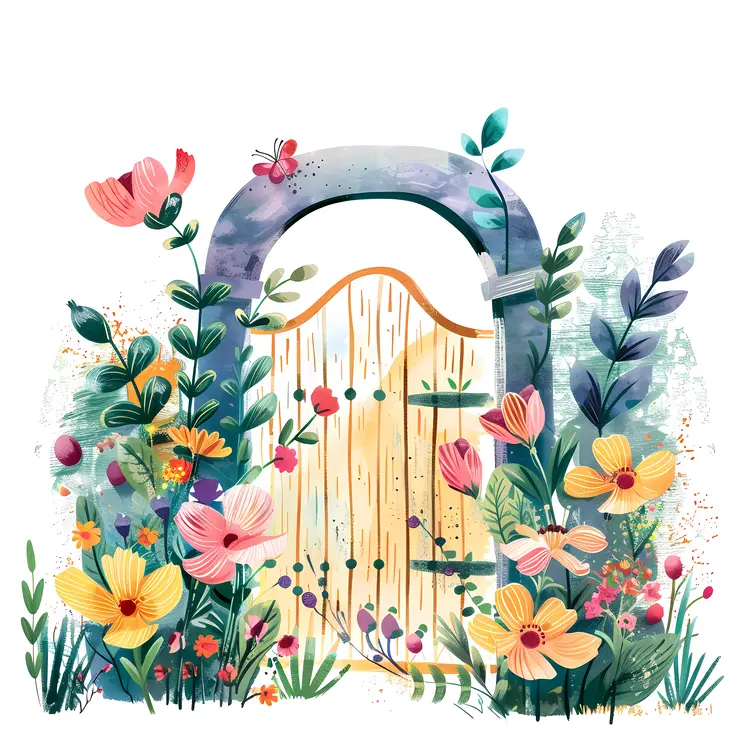 Wooden Gate Surrounded by Colorful Flowers