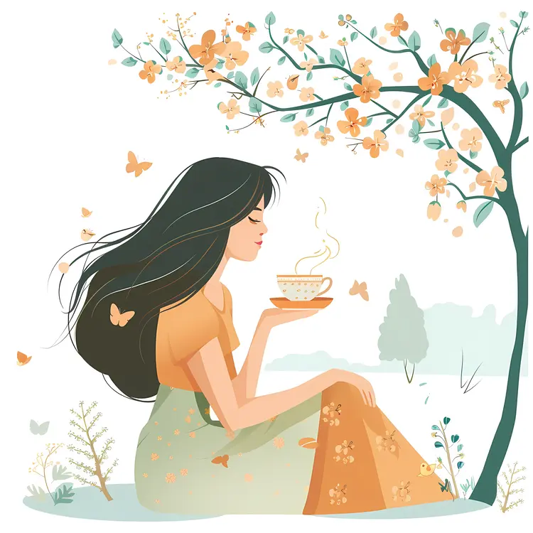 Woman Drinking Tea with Butterflies
