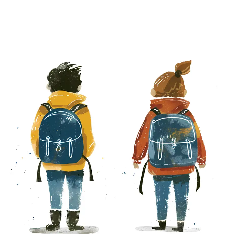 Two Children with Backpacks in Casual Clothing