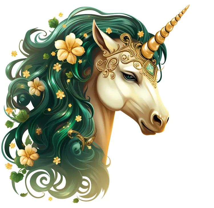 Ornate White Unicorn with Green Mane