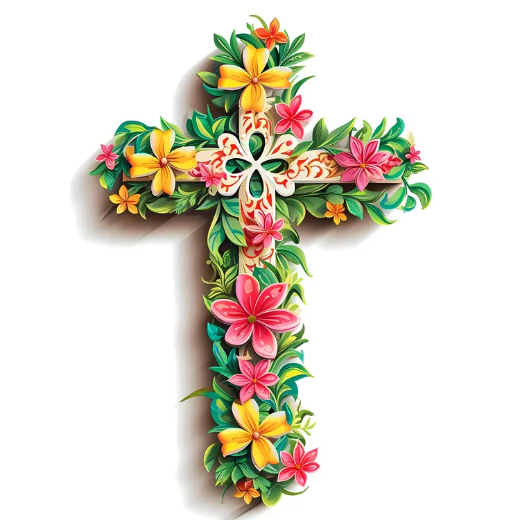 Floral Cross with Green Leaves and Vibrant Flowers