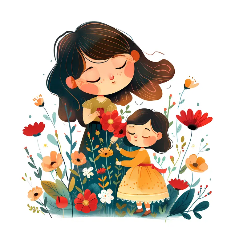 Mother and Child in a Flower Field Illustration