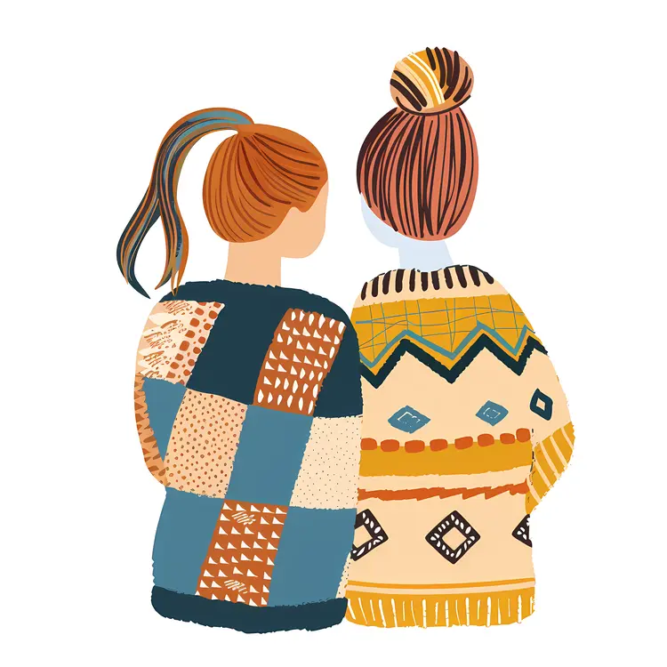 Two Women Standing Together in Cozy Sweaters