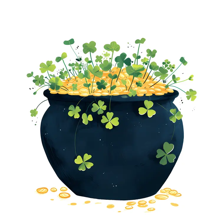 Black Pot with Clover Plant and Gold Coins