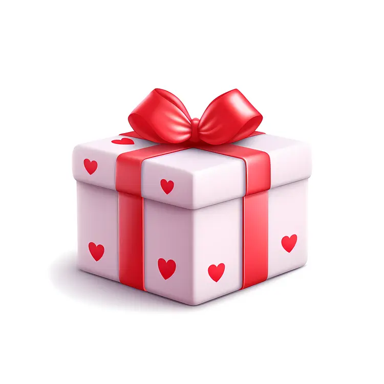 White Gift Box with Red Hearts and Ribbon