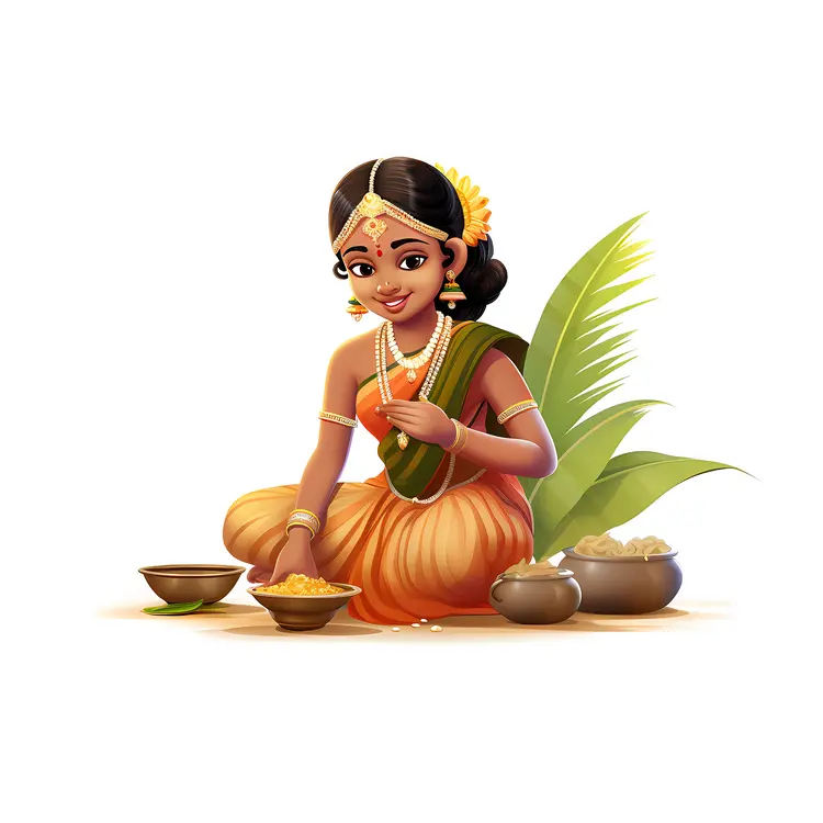 Girl in Traditional Dress Preparing Food