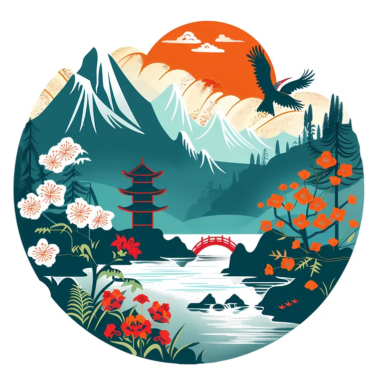 Beautiful Mountain Landscape with Pagoda