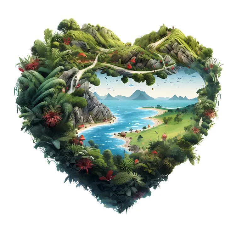 Heart-shaped Island with Mountain View