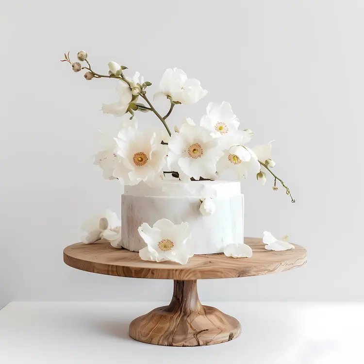 White Flower Cake on a Wooden Stand