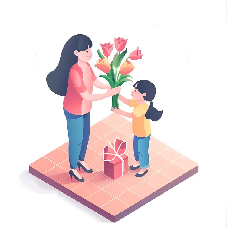 Mother and Child with Flowers on Mother's Day