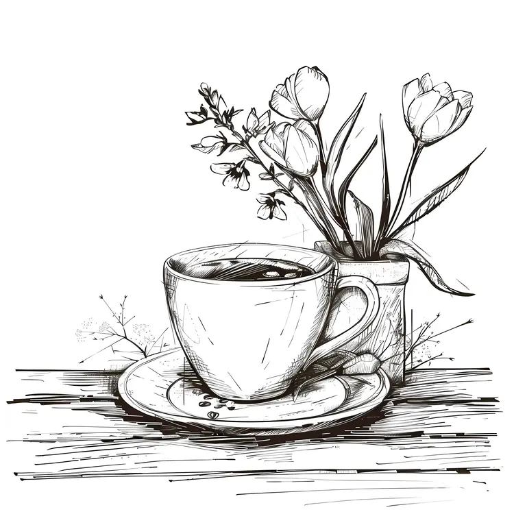 Coffee Cup and Tulips in Sketch