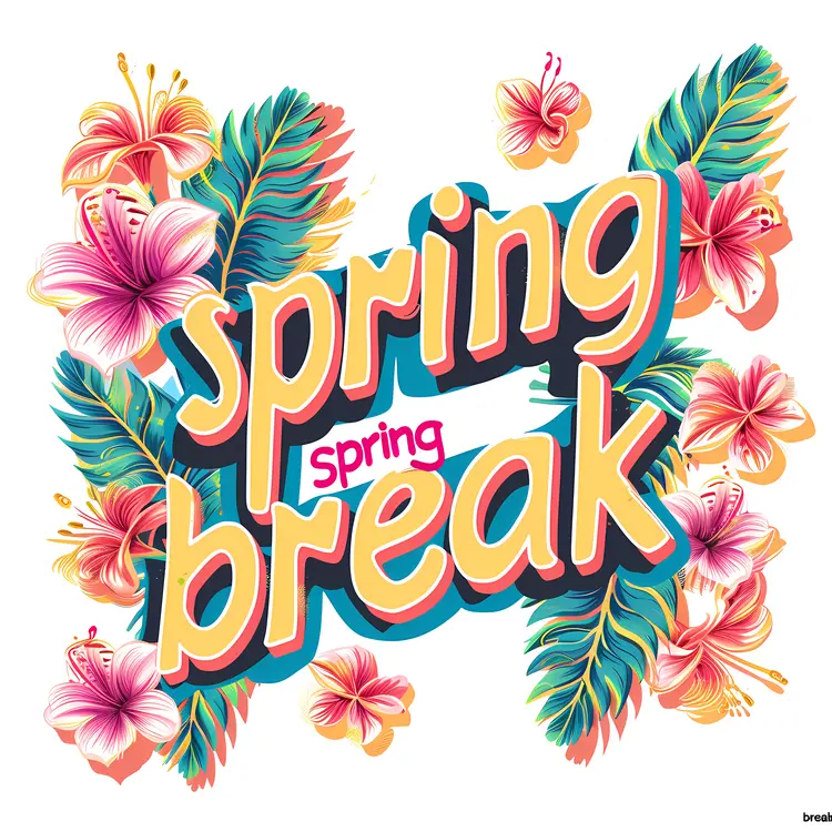 Spring Break Text with Colorful Flowers