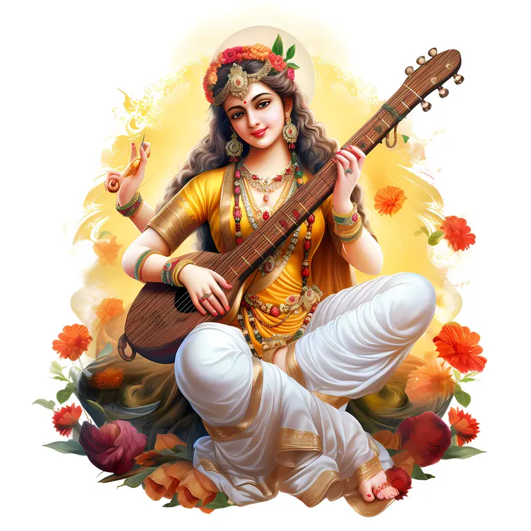 Traditional Woman Playing Veena with Flowers
