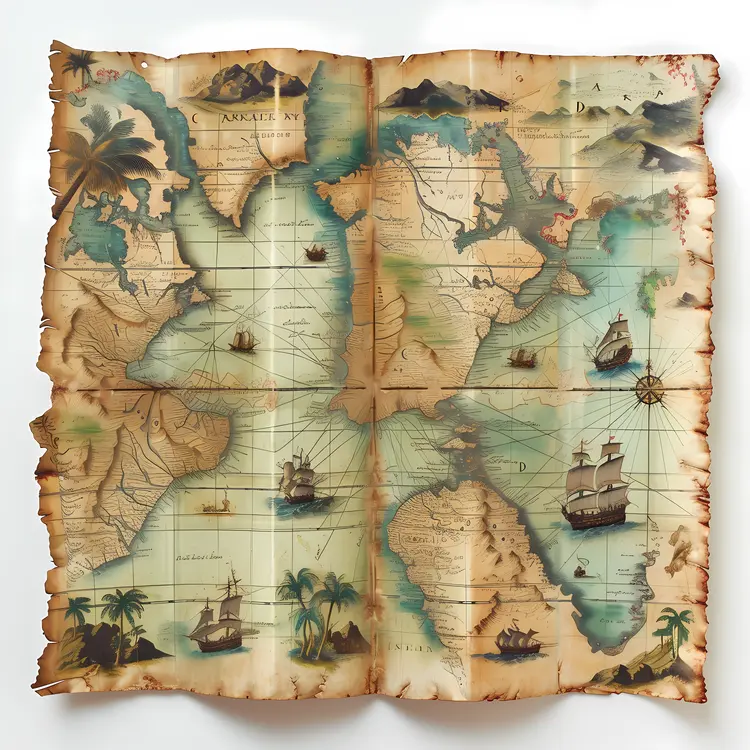 Old World Map with Ships and Compass